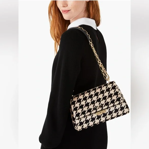 Kate Spade Carlyle Houndstooth Medium Shoulder Bag BLACK/WHITE NEW